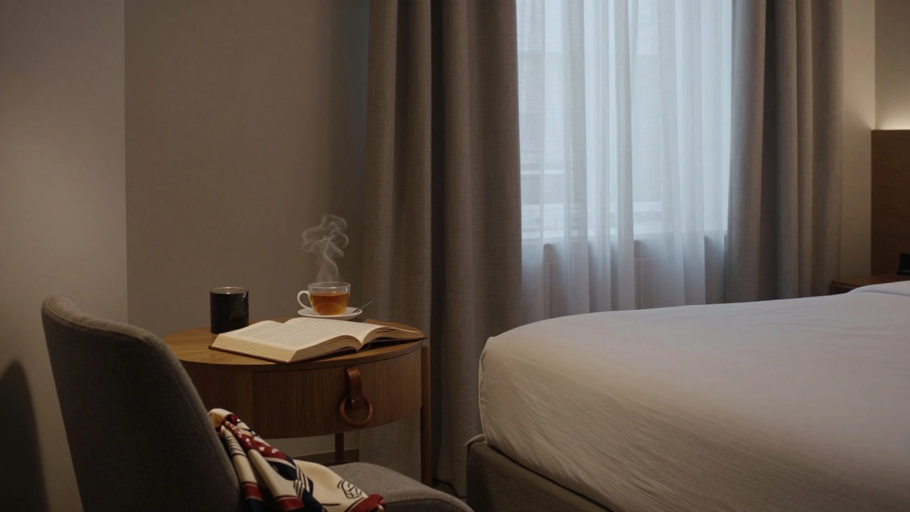 A serene boutique hotel room in Montpellier with signs of a respectful, personal encounter—book, tea, and scarf.