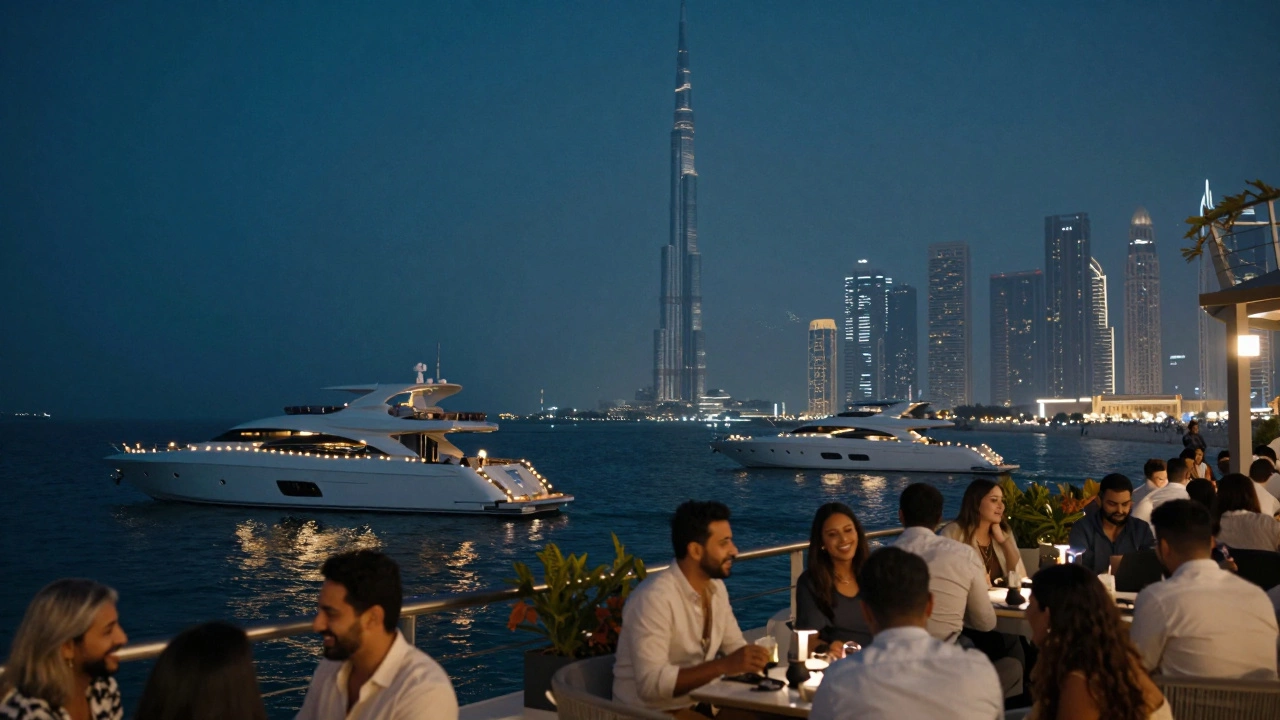 Dubai Marina at midnight, yachts with fairy lights, people laughing on rooftops under starry sky.
